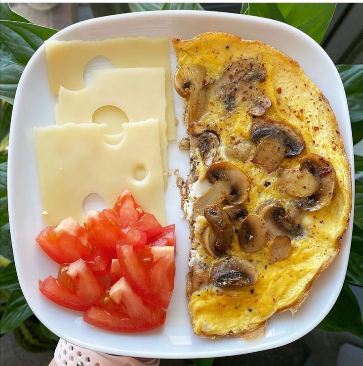 a white plate topped with an omelet and sliced tomatoes next to a slice of cheese