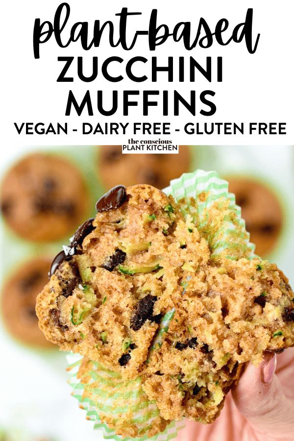 a person holding up a muffin in their hand with the text plant based zucchini muffins vegan - dairy free gluen free