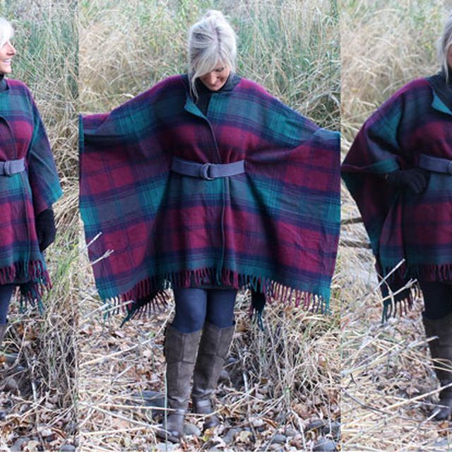 four pictures showing how to make a ponchy cape with fringes and buttons