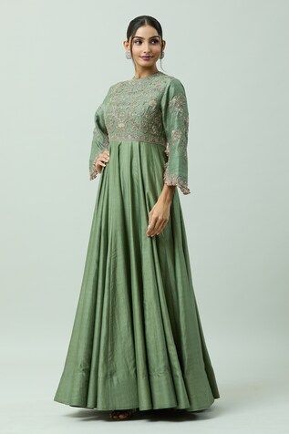 Green chanderi floor length anarkali with hand embroidered bodice. - Aza Fashions Floor-length Cutdana Salwar Kameez For Reception, Transitional Floor-length Dola Silk Anarkali Set, Floor-length Anarkali Traditional Wear With Resham Embroidery, Floor-length Anarkali With Resham Embroidery, Floor-length Anarkali Set With Dori Work For Diwali, Floor-length Anarkali Set For Eid, Designer Anarkali Set With Zari Work In Maxi Length, Designer Wear Zari Work Anarkali Set Maxi Length, Raw Silk Anarkali Set With Zari Work, Maxi Length