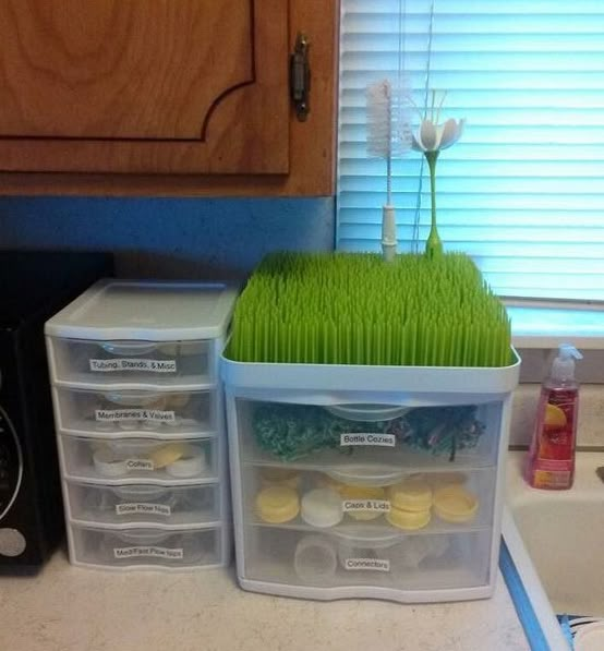 two plastic bins filled with green grass on top of a kitchen counter next to a sink