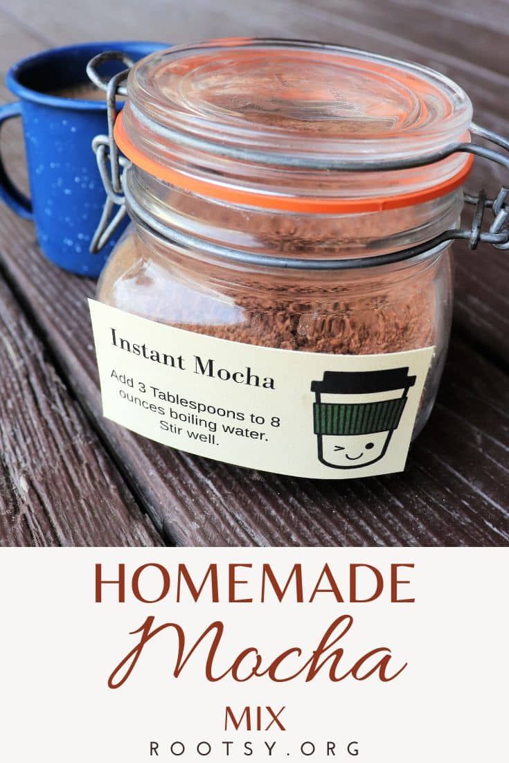 homemade macha mix in a jar on a wooden table with text overlay that reads instant mocha