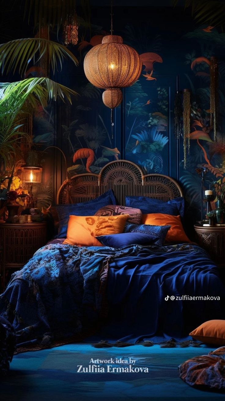 an image of a bedroom setting with blue bedding and tropical wallpaper on the walls