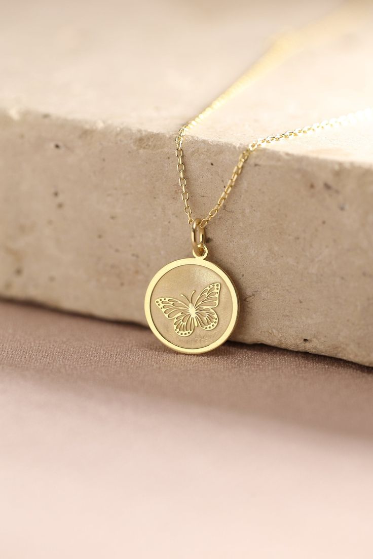 Gold Butterfly Pendant - Butterfly Gold Necklace ● Material of pendant: Solid Gold 14k ( REAL GOLD ) ● Metal Stamp: 14k ( REAL GOLD ) ● The pendant is available in 5 sizes: - 12,7 mm / 0.5 inches (Diameter) - 14,0 mm / 0,55 inches ( Diameter ) In the photos - 15,3 mm / 0.6 inches ( Diameter ) - 16,5 mm / 0,65 inches ( Diameter ) - 19,1 mm / 0,75 inches ( Diameter ) ( In the photos the size is 14mm / 0.55 inches Diameter ) ( Jump Ring inner diameter: 4 mm ) ● Material of chain: Solid gold 14k ( R Butterfly Charm Pendant Jewelry For Anniversary, Mother's Day Jewelry Pendant With Butterfly Charm, 14k Yellow Gold Necklace With Butterfly Charm, Mother's Day Jewelry With Butterfly Pendant, Mother's Day Butterfly Pendant Jewelry, Yellow Gold Pendant Necklace With Butterfly Charm, Butterfly Charm Necklace For Mother's Day Anniversary, Butterfly Charm Necklace For Anniversary And Mother's Day, Anniversary Butterfly Charm Necklace For Mother's Day