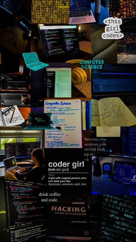 a collage of computer screens with text over them that reads, coder girl