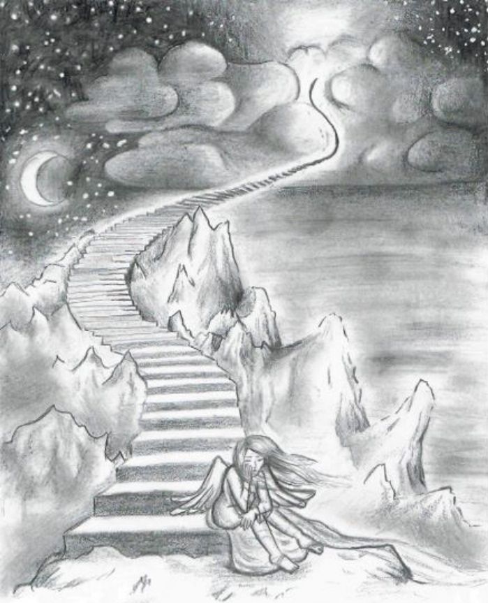 a drawing of a woman sitting on steps leading to the stars in the night sky