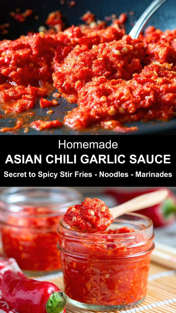 Spice up your dishes with a fiery Asian Chili Garlic Sauce! Try this quick and easy homemade spicy condiment. Perfect for stir fries, rice, soups & more. Heat up your culinary adventures by learning how to make batch at home today. Chile Garlic Sauce, Chili Garlic Paste Recipe, Huy Fong Chili Garlic Sauce Recipes, Garlic Chili Paste Recipe, Chilli Garlic Sauce Recipe, Homemade Chili Garlic Sauce, Garlic Chili Sauce Recipe, Chinese Chili Sauce Recipe, Chili Garlic Sauce Recipes