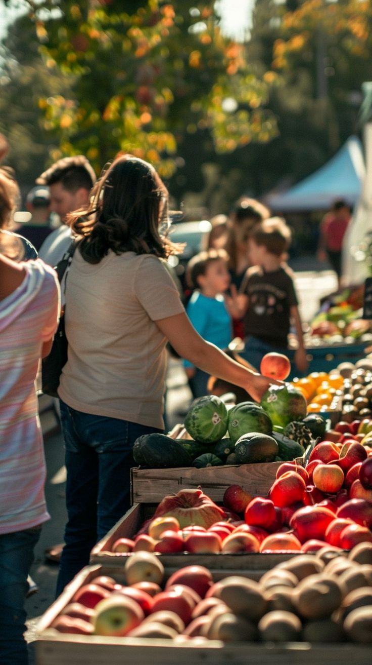 people shopping at an outdoor farmers market with fruits and vegetables on display for sale in boxes