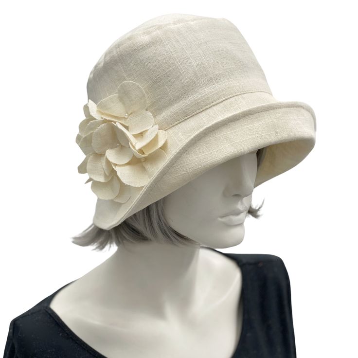 Eleanor Cream linen wide front brim cloche hat with hydrangea linen flower brooch  handmade Boston Millinery Cappello Cloche, Summer Hydrangea, Lady Outfit, Roaring 1920s, Bespoke Hats, Horse Races, Afternoon Wedding, Hydrangea Flowers, Thank You Customers