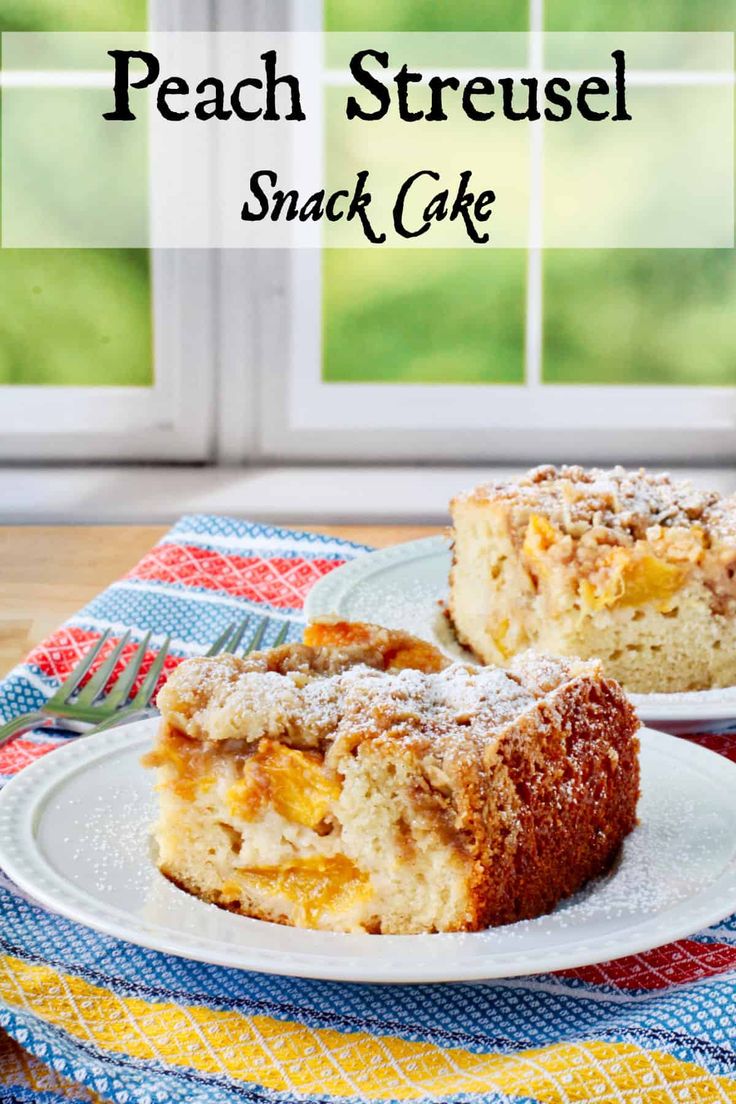 peach streusel snack cake on a plate