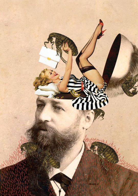 a man in a suit and tie with an image of a woman on his head