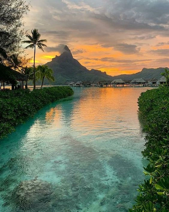 the water is crystal blue and clear at sunset with palm trees in the foreground