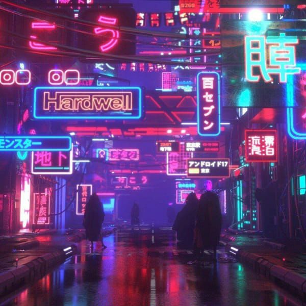 people walking through a neon city at night