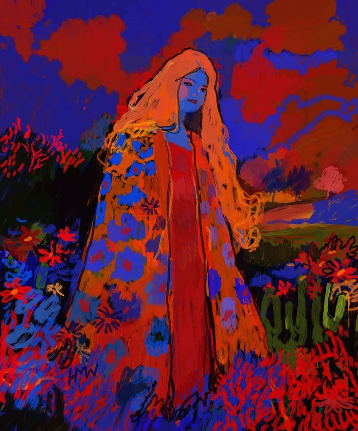 a painting of a woman with long blonde hair in a red dress and blue background