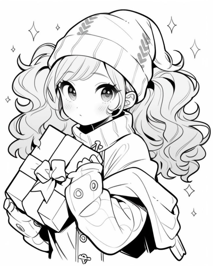 a drawing of a girl holding a present box with stars around her neck and wearing a hat