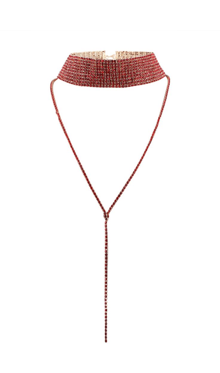 a red beaded choker with a long tassel on the side and a gold chain