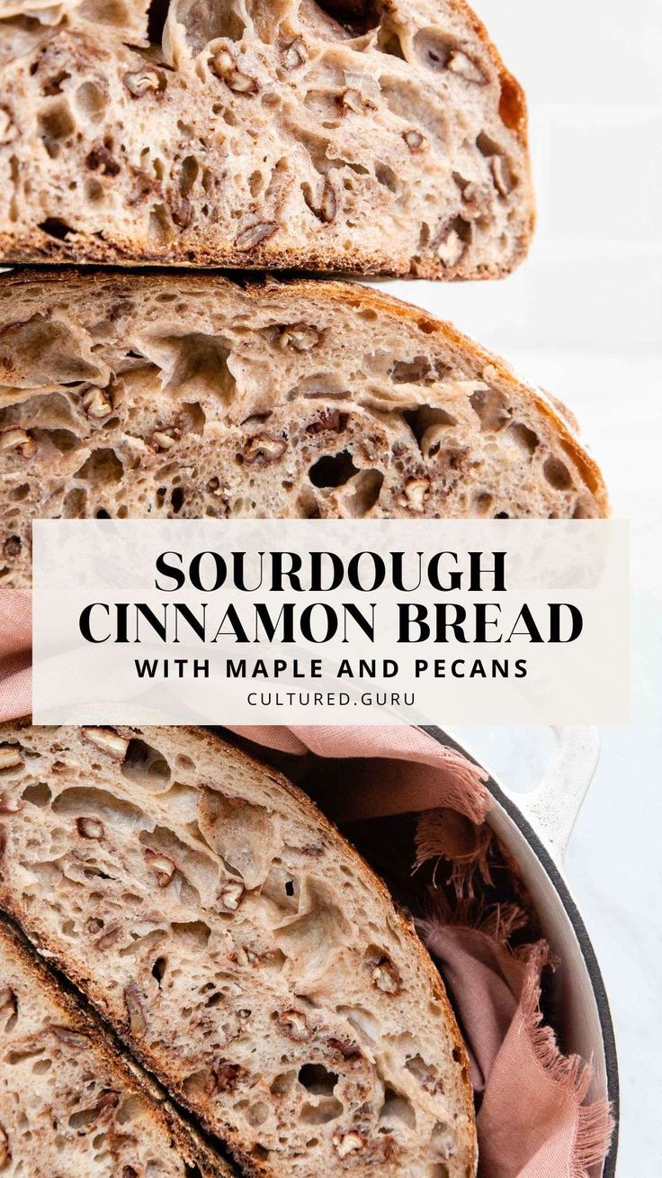 sourdough cinnamon bread with maple and pecans in a pan on a table