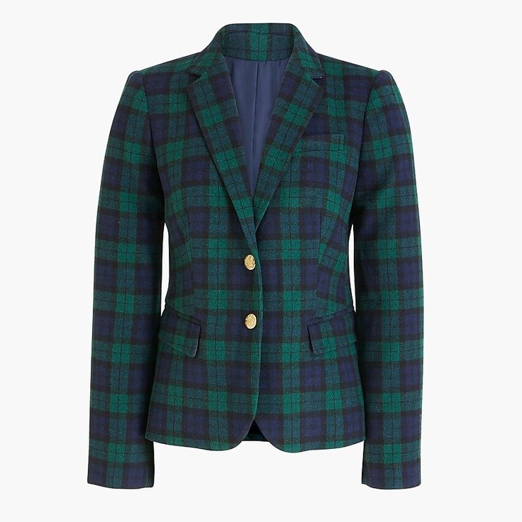 J.Crew - Patterned schoolboy blazer Black Watch Plaid, Chambray Blazer, Black Watch Tartan, Blazer For Boys, Cotton Blazer, Notch Collar, Fitted Blazer, Plaid Blazer, Tweed Blazer