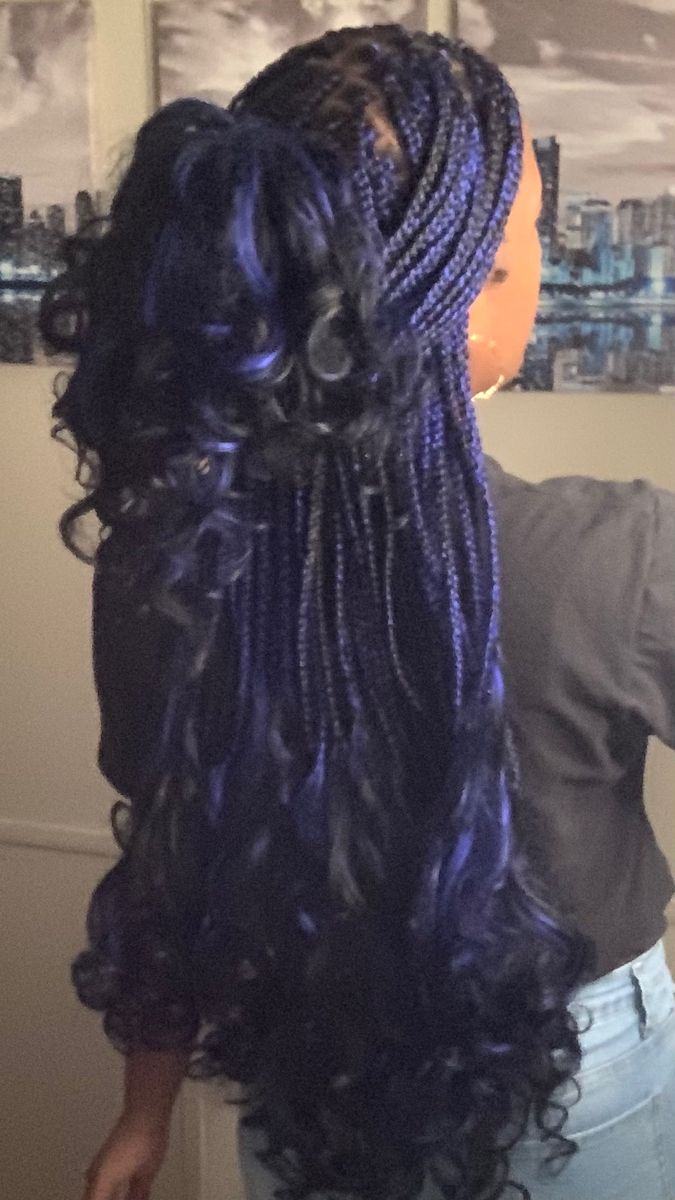 Braid Hairstyles With Curly Ends, Bold Braids Hairstyles, Black And Blue French Curl Braids, Braid Ideas Color, Fanasty Braids Glitter, Dark Red Peekaboo Braids, Purple Black Braids, Purple French Braids, Blue And Black Braids With Curls