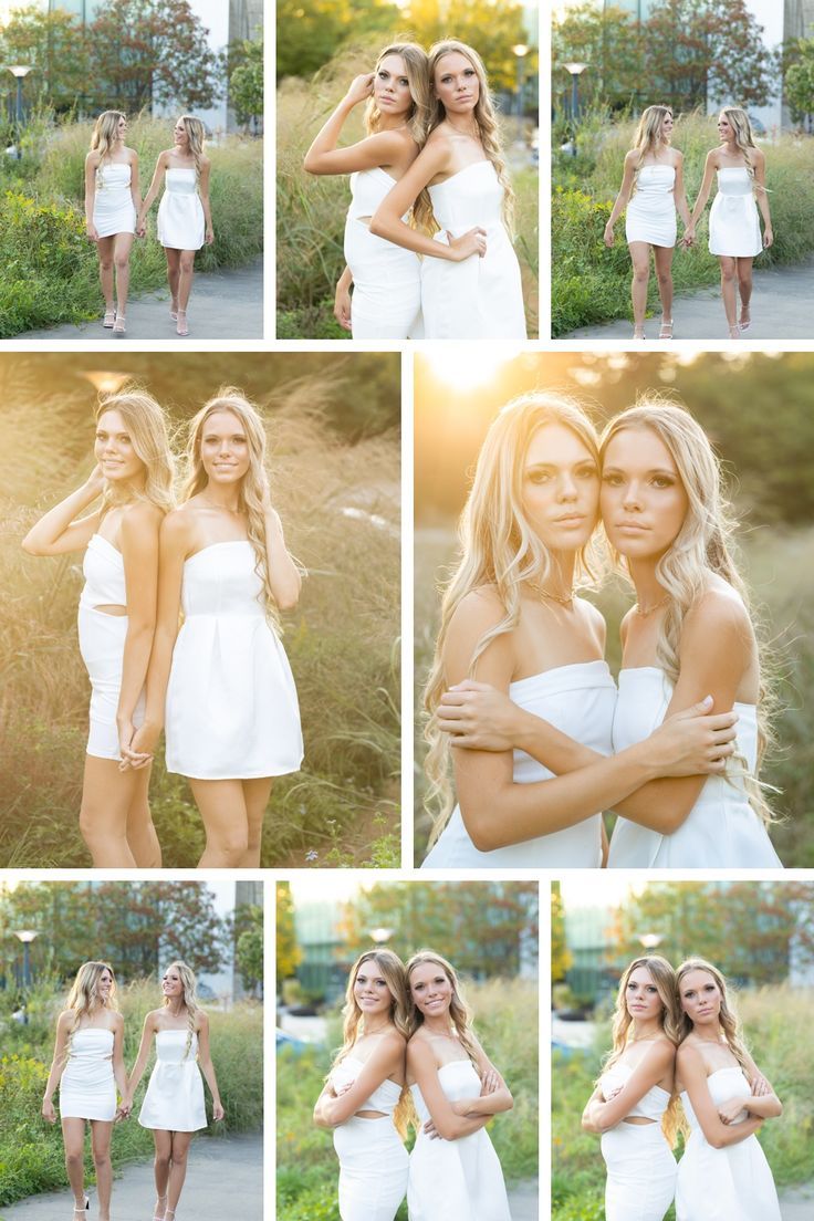 two women in white dresses are posing for the camera with their arms around each other