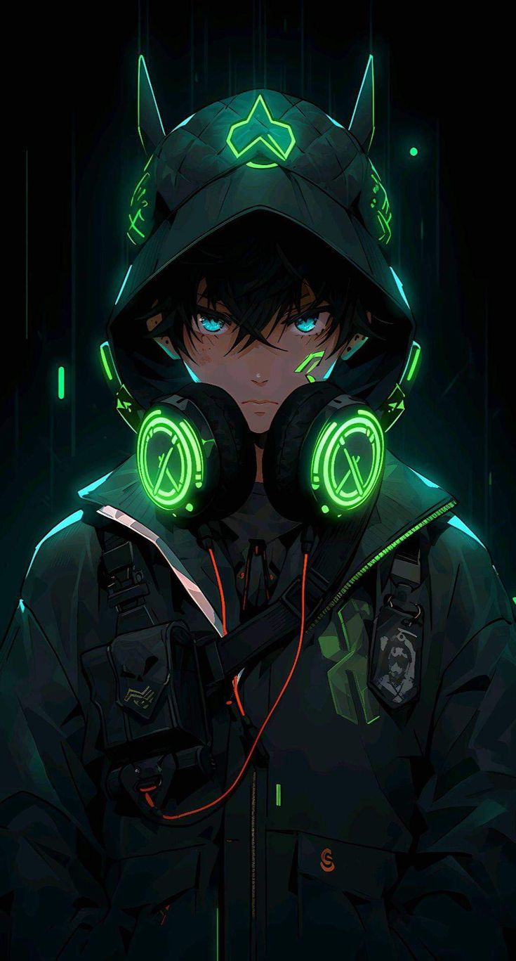 an anime character wearing headphones with glowing green lights on his ears and hoodie