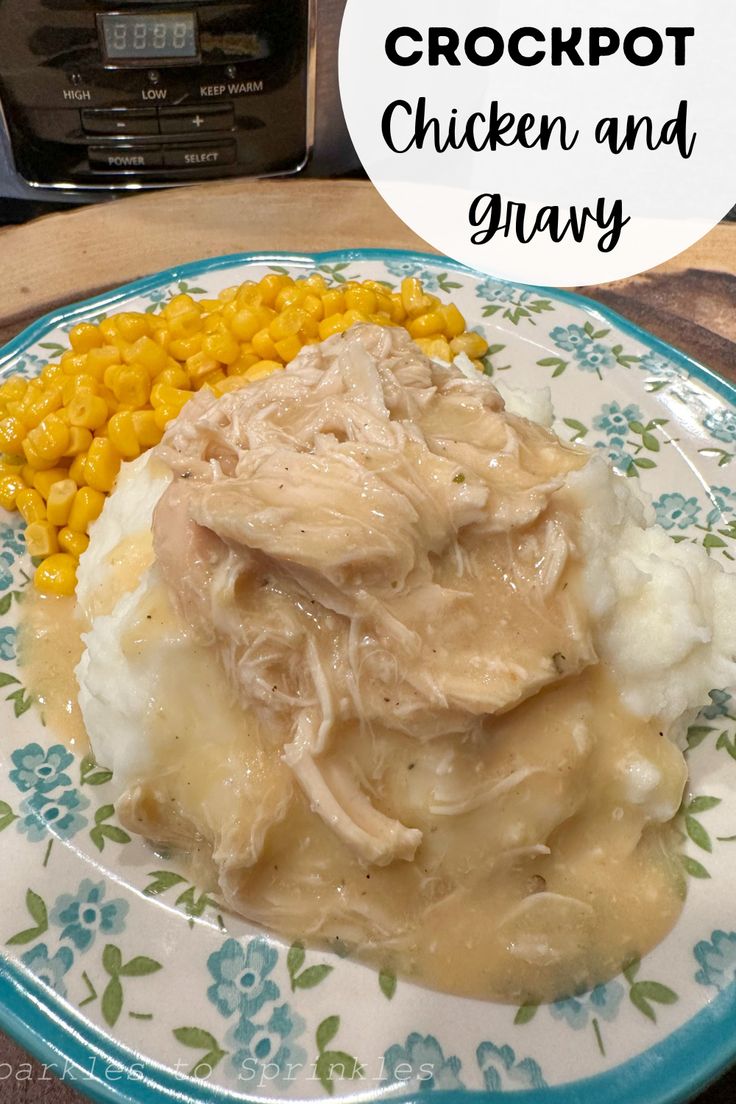 chicken and gravy with corn on the cob in front of an instant pressure cooker