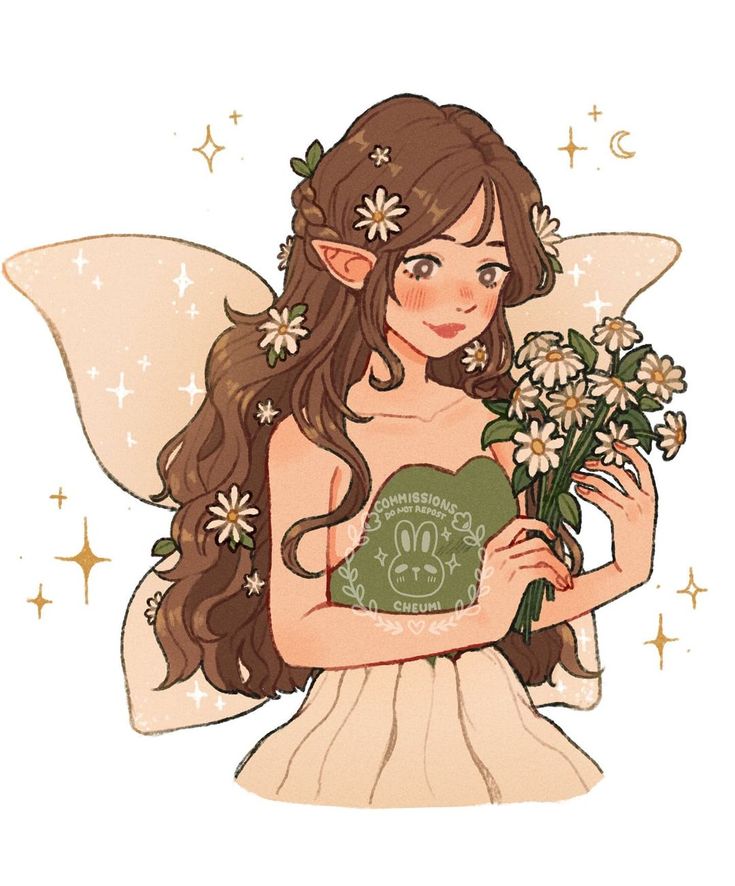 a fairy holding flowers and a heart shaped box