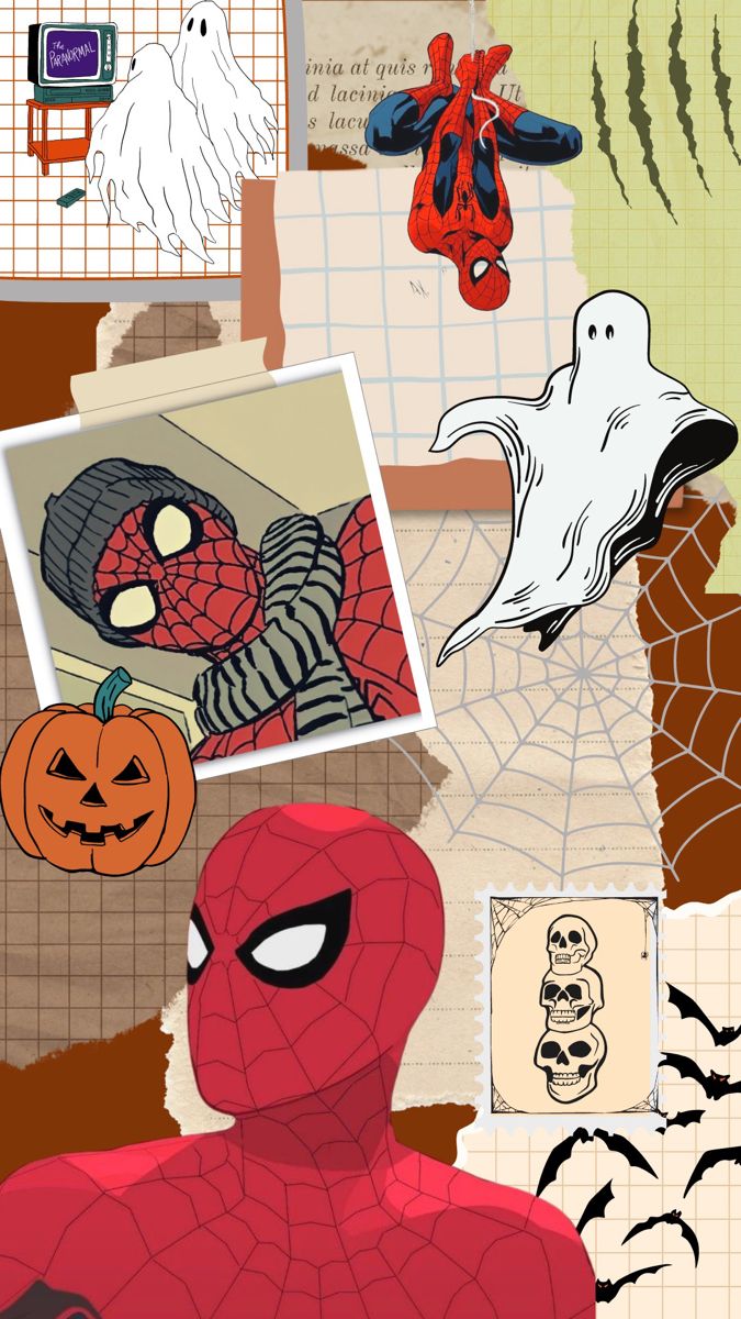 a collage of halloween pictures with spiderman, ghost and pumpkins in the background