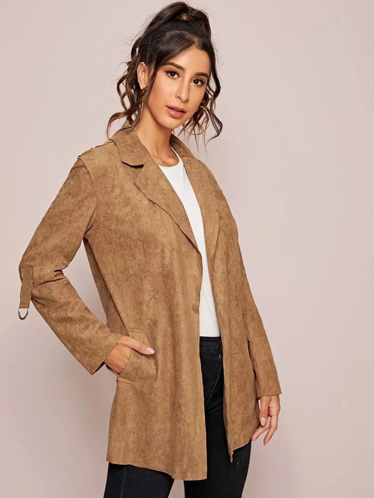 Suede Lapel Slant Pocket Coat | SHEIN USA Suede Coat Women, Faux Fur Gilet, Suede Cardigan, Minimalist Fashion Casual, Fall Outerwear, Women Coats, Coat Pocket, Suede Coat, Sequin Jacket