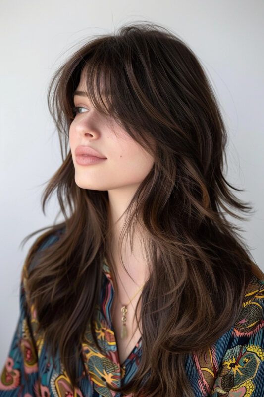 Woman with a long layered haircut and side bangs. Harsh Layers Long Hair, Haircut For Long Thick Wavy Hair Ideas, Haircut For Slightly Wavy Hair, Haircut Styles For Women Medium Layers, Haircuts For Long Hair Side Bangs, Choppy Side Bangs With Long Hair, Princess Layers Hair, Long Shag Haircut Unstyled, Haircuts Long Thick Wavy Hair