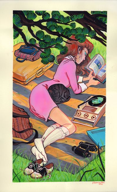 a painting of a woman sitting on the ground next to an old record player and other items