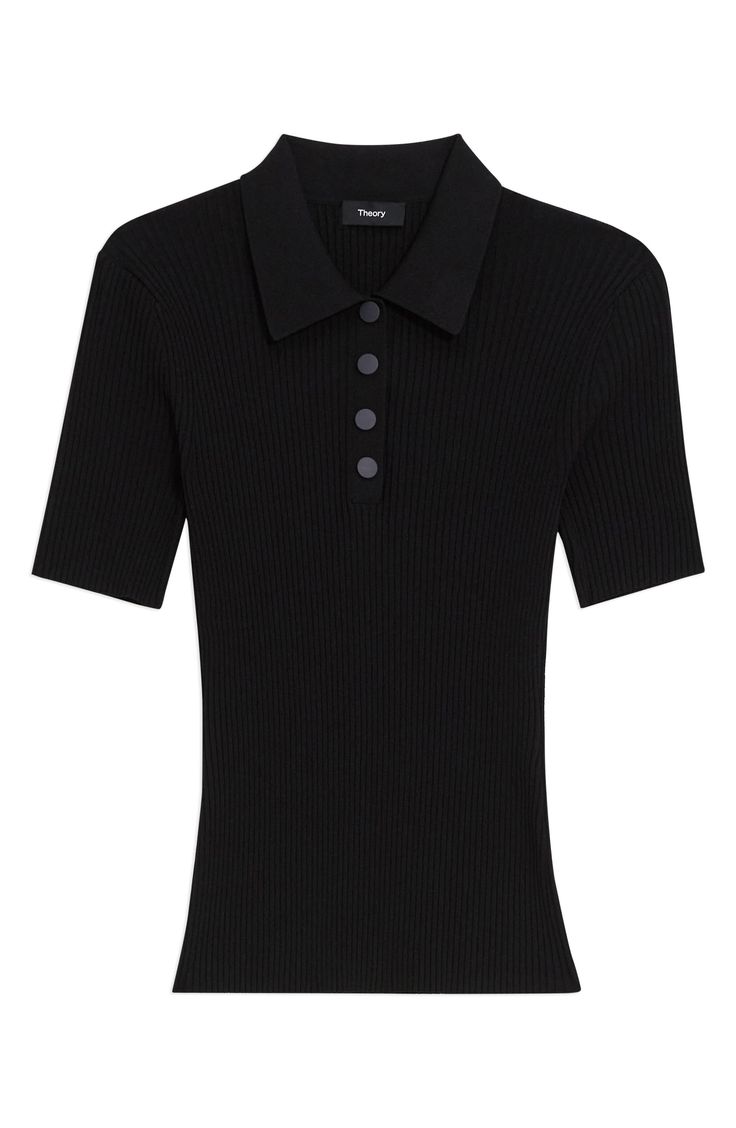 Neat ribbing adds a subtle textural element to this modern polo sweater. 22" length (size Medium) Point collar Snap half-placket Short sleeves 83% viscose, 17% polyester Dry clean or machine wash, dry flat Imported Black Short Sleeve Polo Sweater For Work, Black Polo Shirt With Ribbed Collar, Black Polo Collar Sweater For Work, Textured Knit Polo Shirt For Work, Chic Textured Knit Polo Sweater For Work, Classic Black Ribbed Polo Sweater, Formal Black Top With Ribbed Collar, Short-sleeved Ribbed Polo Sweater For Fall, Classic Ribbed Tops For Workwear