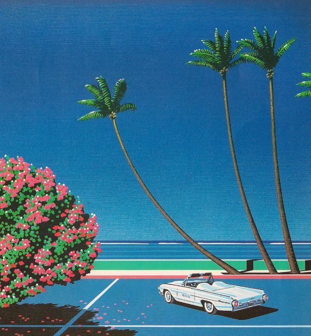 a painting of a car parked next to two palm trees