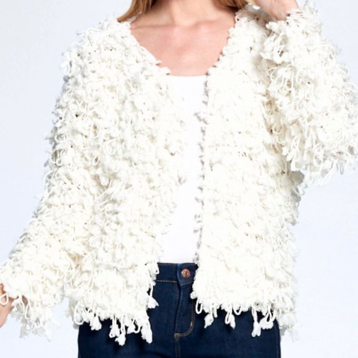 Sweet Generis Cream Shaggy Fur Knit Jacket 100% Acrylic White Knitted Long Sleeve Outerwear, White Long Sleeve Knitted Outerwear, Cozy White Cotton Outerwear, Winter White Textured Knit Outerwear For Spring, Chic White Textured Knit Cardigan, Trendy Knit Outerwear In Winter White, Chic White Soft Knit Outerwear, Chic White Textured Knit Outerwear, White Knit Long Sleeve Outerwear