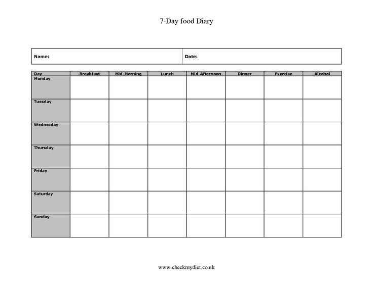 a printable daily food diary is shown in this image, it shows the meal schedule for