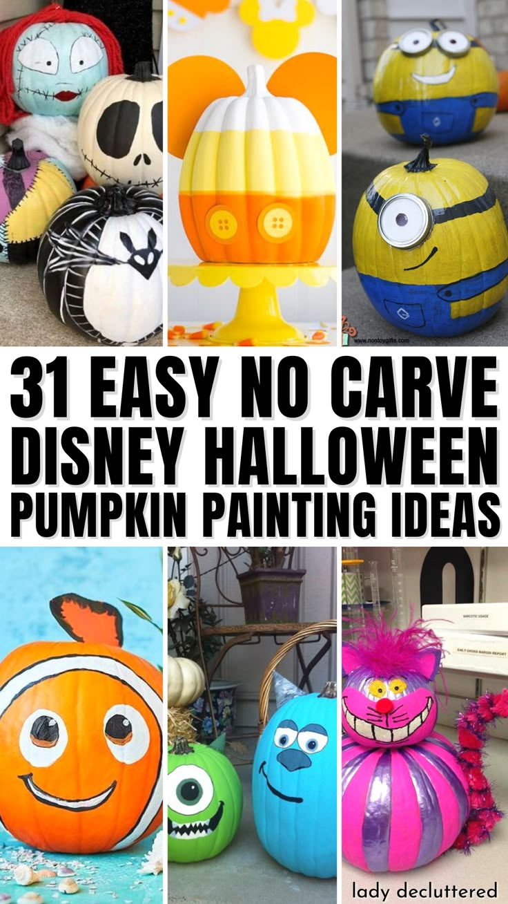 31 Easy Disney Pumpkin Painting Ideas Mike Wazowski Pumpkin Painting, Decorating A Pumpkin Ideas, Pumpkin Character Ideas, Decorating Pumpkins Without Carving Kids, Disney Character Pumpkins, Pumpkin Creative Ideas, Coloring Pumpkin Ideas, Painted Character Pumpkins, Nemo Pumpkin Painting Ideas