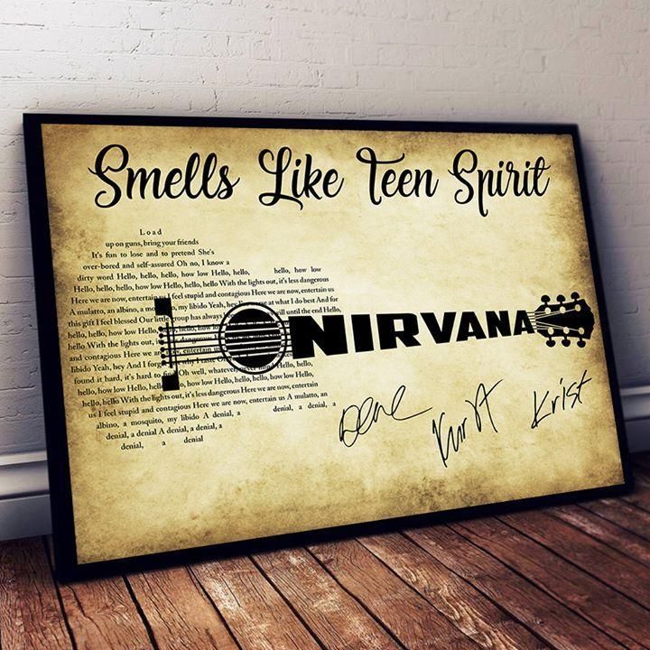 an old poster with the words nirvana written in black and white on it, next to a wooden floor