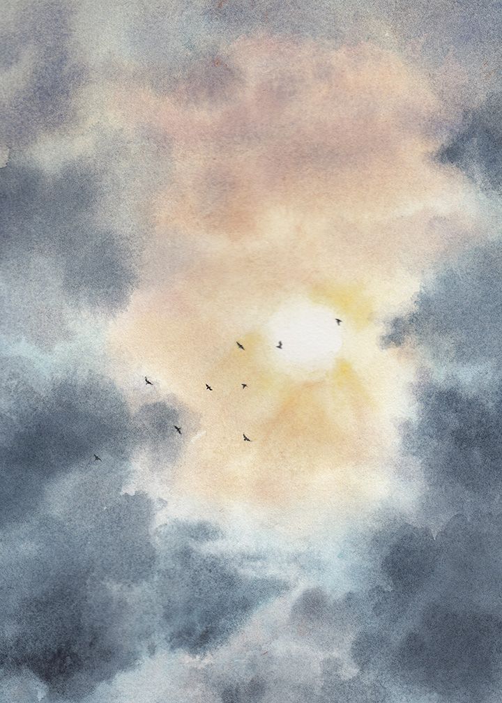 a painting of birds flying in the sky with clouds and sunbursts behind them