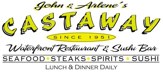 the logo for castaway restaurant and sushi bar, seafood steaks, drinks, lunch & dinner daily