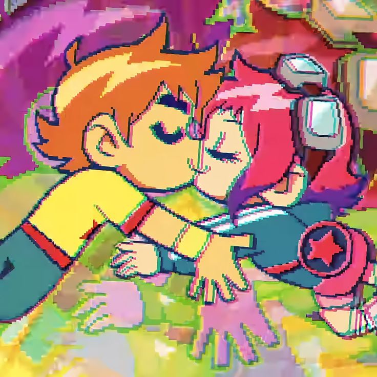 an image of two people kissing each other in front of a colorful background with bubbles