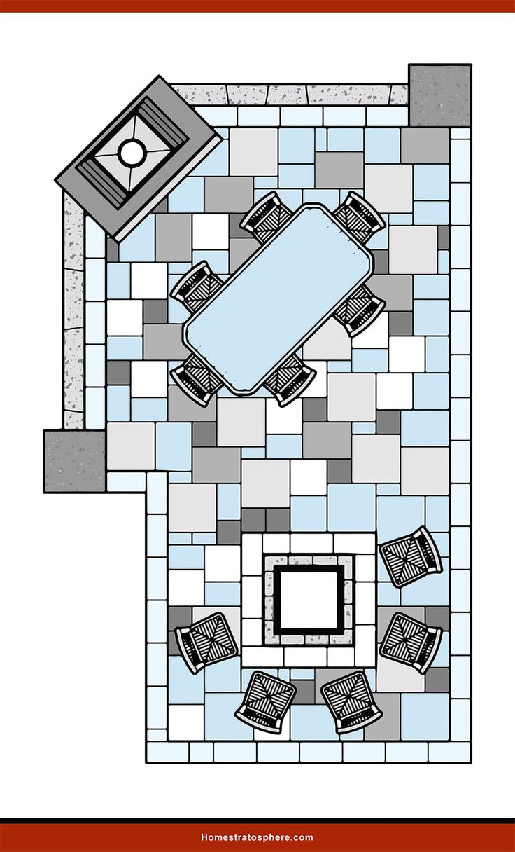 an overhead view of a kitchen and living room floor plan, including the dining area