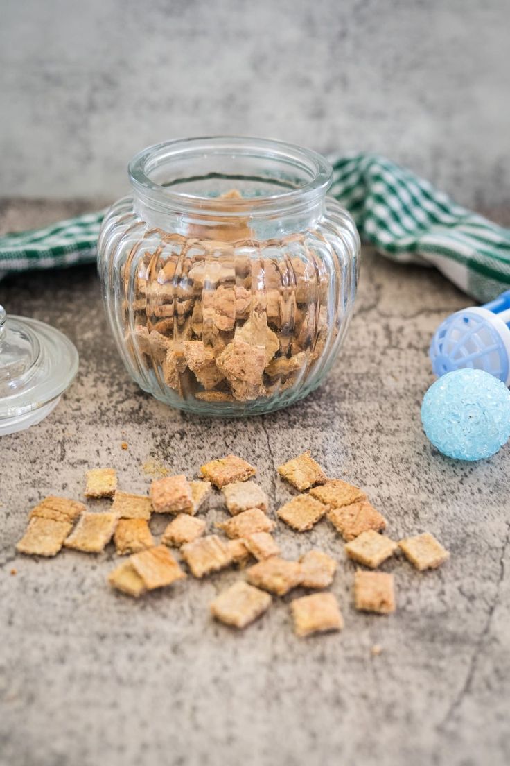 a glass jar filled with dog treats next to two blue and white balls on the ground