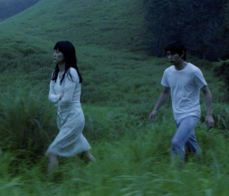 two people are walking through tall grass in the evening, one is wearing a white dress