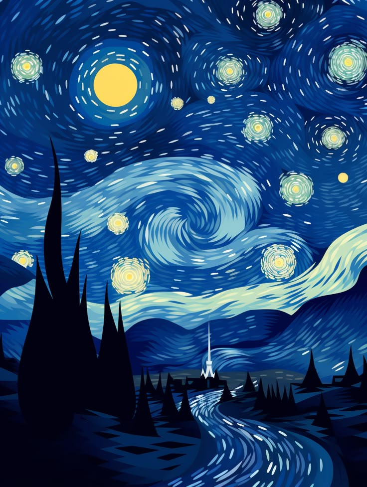 the night sky with stars and swirls in it, as well as some trees