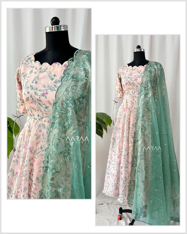 Customised printed organza anarkali with embroidered organza dupatta. In love with this unusual combo. Not available now*** #customisedanarkali #designeranarkali #aarraabyumaanand #designerboutique Anarkali With Organza Cloth, Designer Long Frocks For Women, Organza Frocks Designs For Women, Long Dress From Saree, Anarkali Dress Simple Cotton, Anarkali Tops Designs, Anarkali Patterns Design, Long Umbrella Dress Designs, Umbrella Dress Indian Pattern