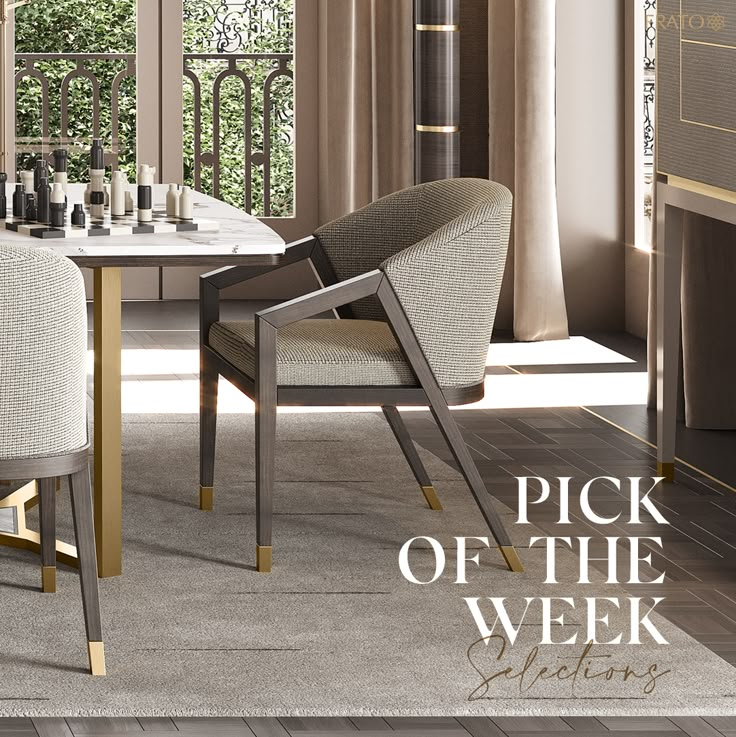 a dining room table and chairs with the words pick of the week written on it