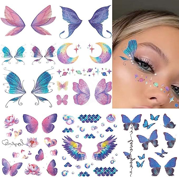 Makeup With Temporary Tattoo, Butterfly Face Stickers, Temporary Tattoo Butterfly, Glitter Tattoo Temporary, Butterfly Makeup Tattoo, Eye Makeup Stickers, Temporary Tattoo Eye Makeup, Butterfly Sticker Makeup, Face Stickers Aesthetic