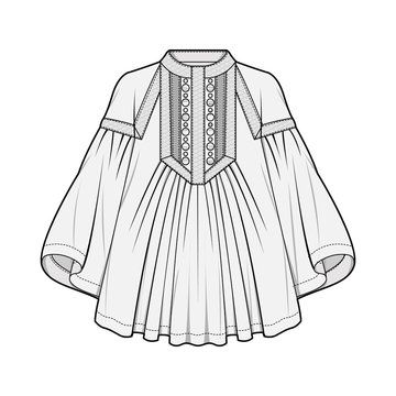 an illustration of a women's dress with long sleeves and pleating on the front