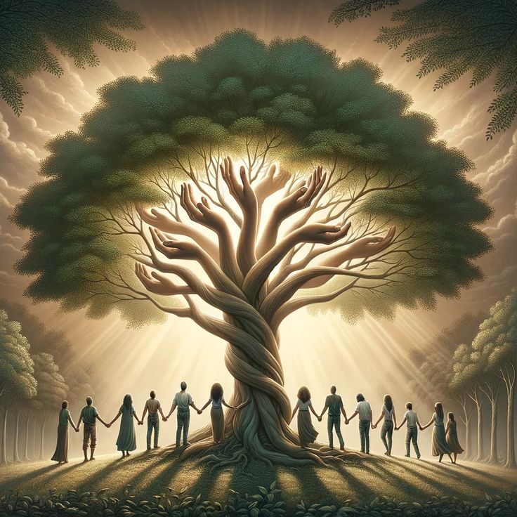 a group of people holding hands under a tree with the sun shining down on them