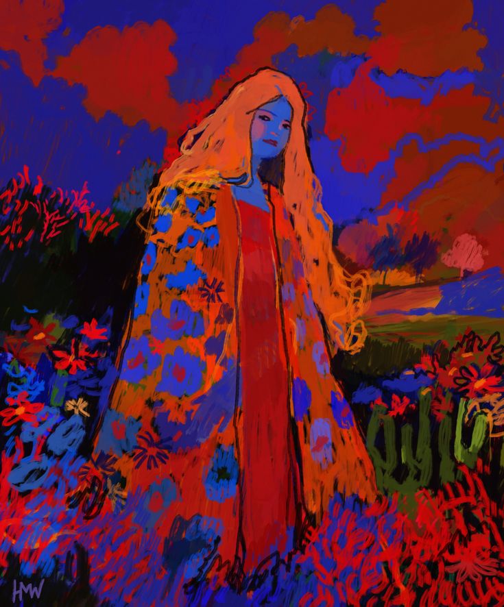 a painting of a woman with long blonde hair in a red dress and blue background